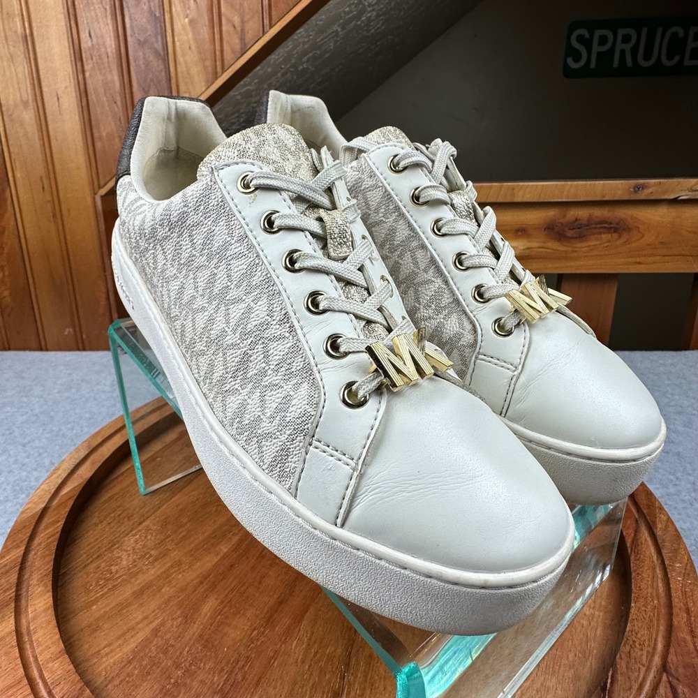 Michael Kors Poppy Platform Sneakers Cream Gold Logo Lace Up Shoes Women 8.5‎